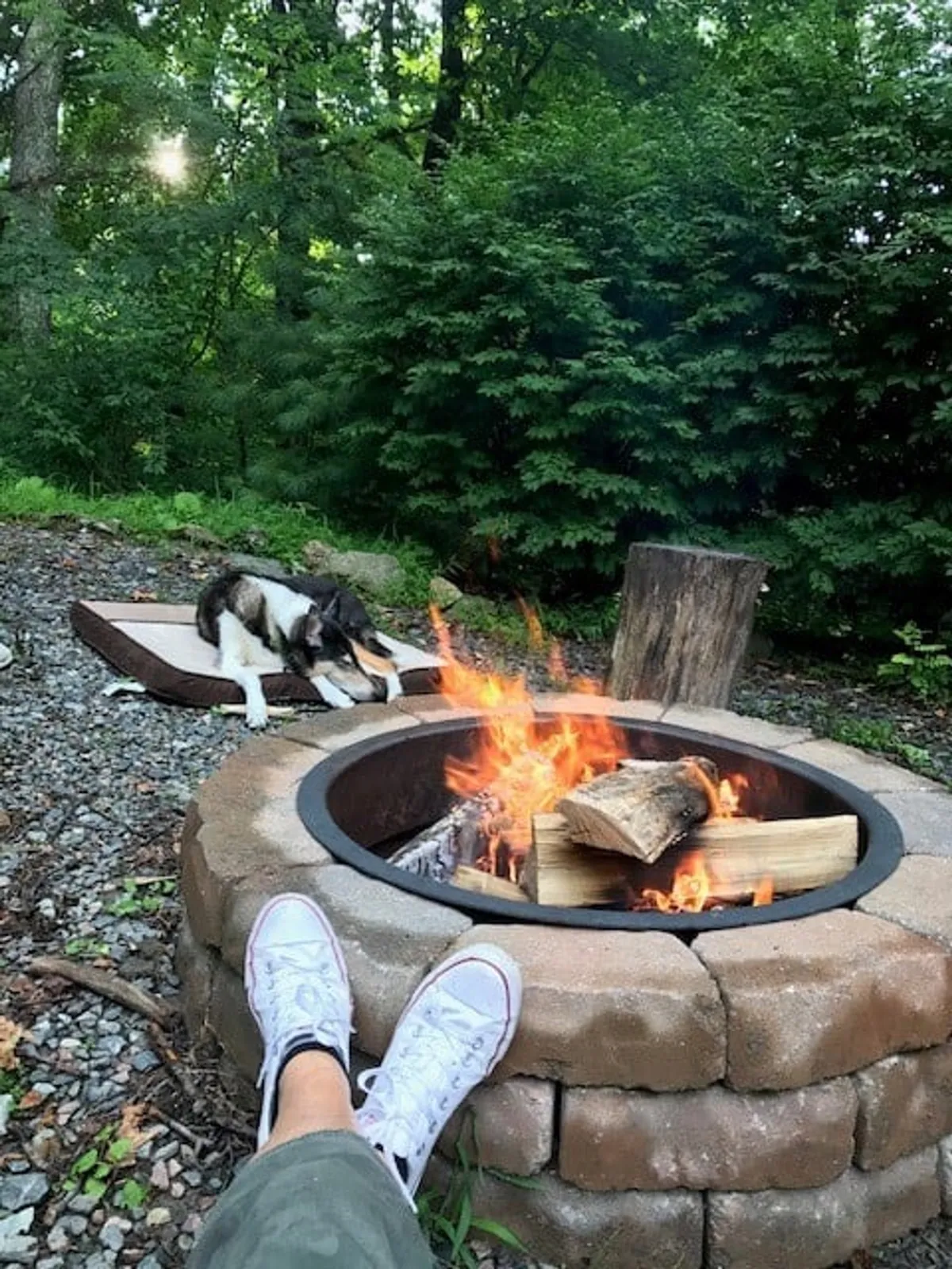 An inviting outdoor fire pit area at dusk, with a person relaxing and a dog nearby, their feet stretched toward the warm glow of the fire. Rustic seating surrounds the fire pit, and the scene is framed by natural woods, creating a cozy, pet-friendly atmosphere ideal for storytelling, bonding, and enjoying the mountain air.